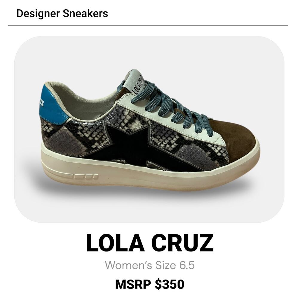 Lola Cruz Designer Sneakers Women 6.5 Snake Print Leather Suede Italy MSRP $350